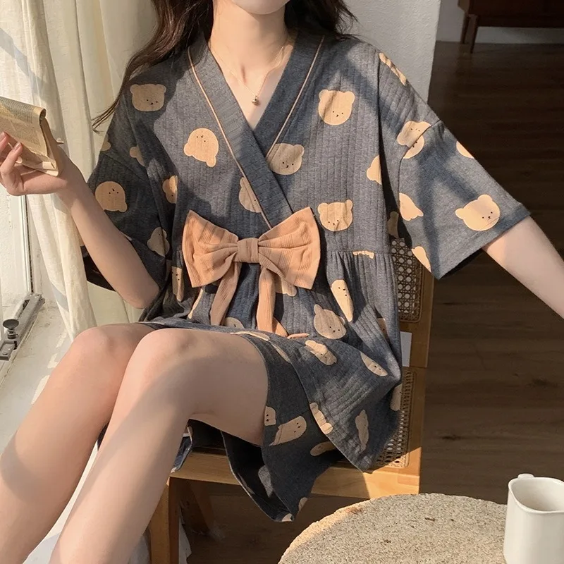 Summer V Neck Womens Pajamas Set Sleep Tops Shorts Female Korean Cotton Home suit Female Pijamas suit Pyjamas Drop ship