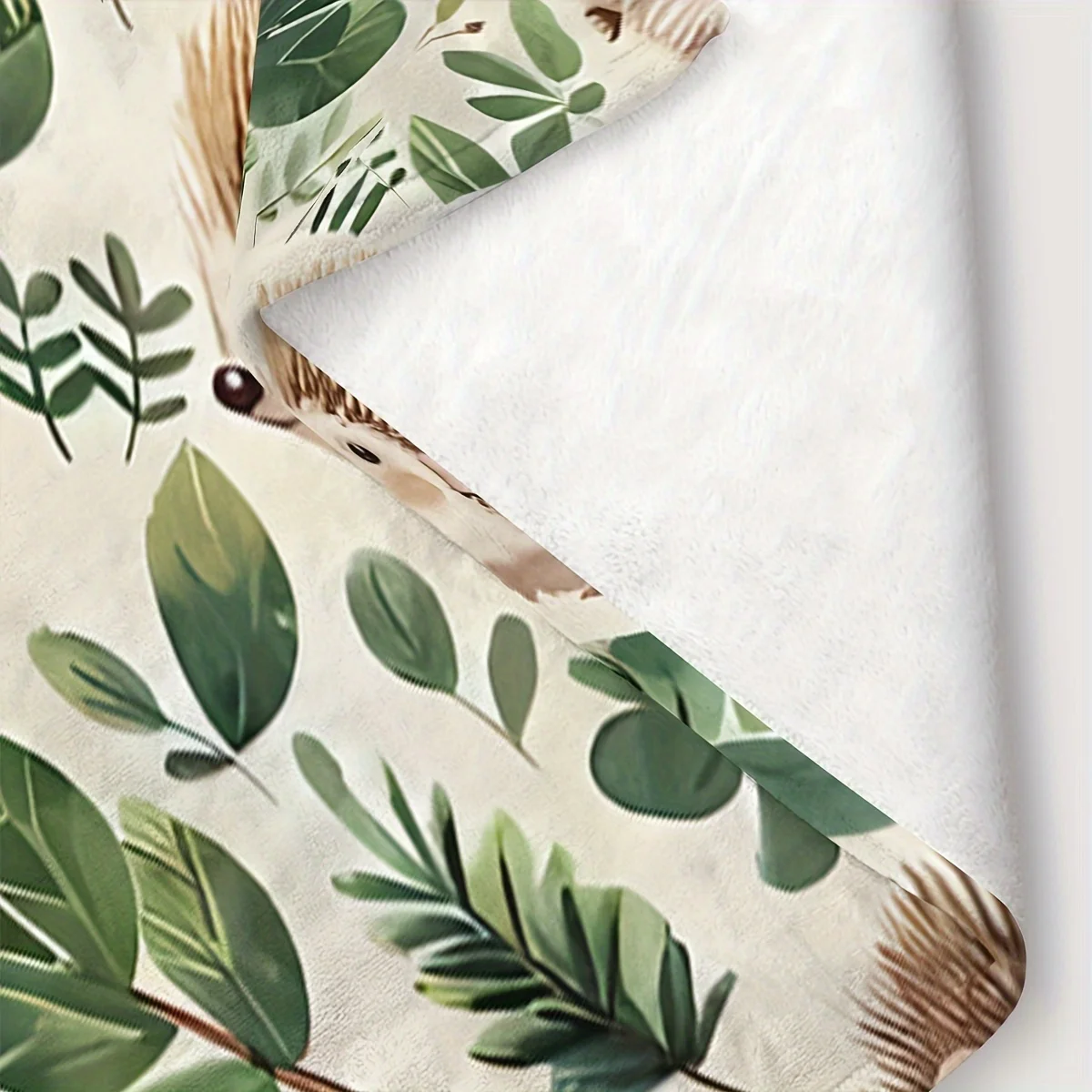 Watercolor Cute Hedgehog Green Leaf White Background All Over Print Flannel Blanket For Bedroom Sofa Children Warm Home Decor