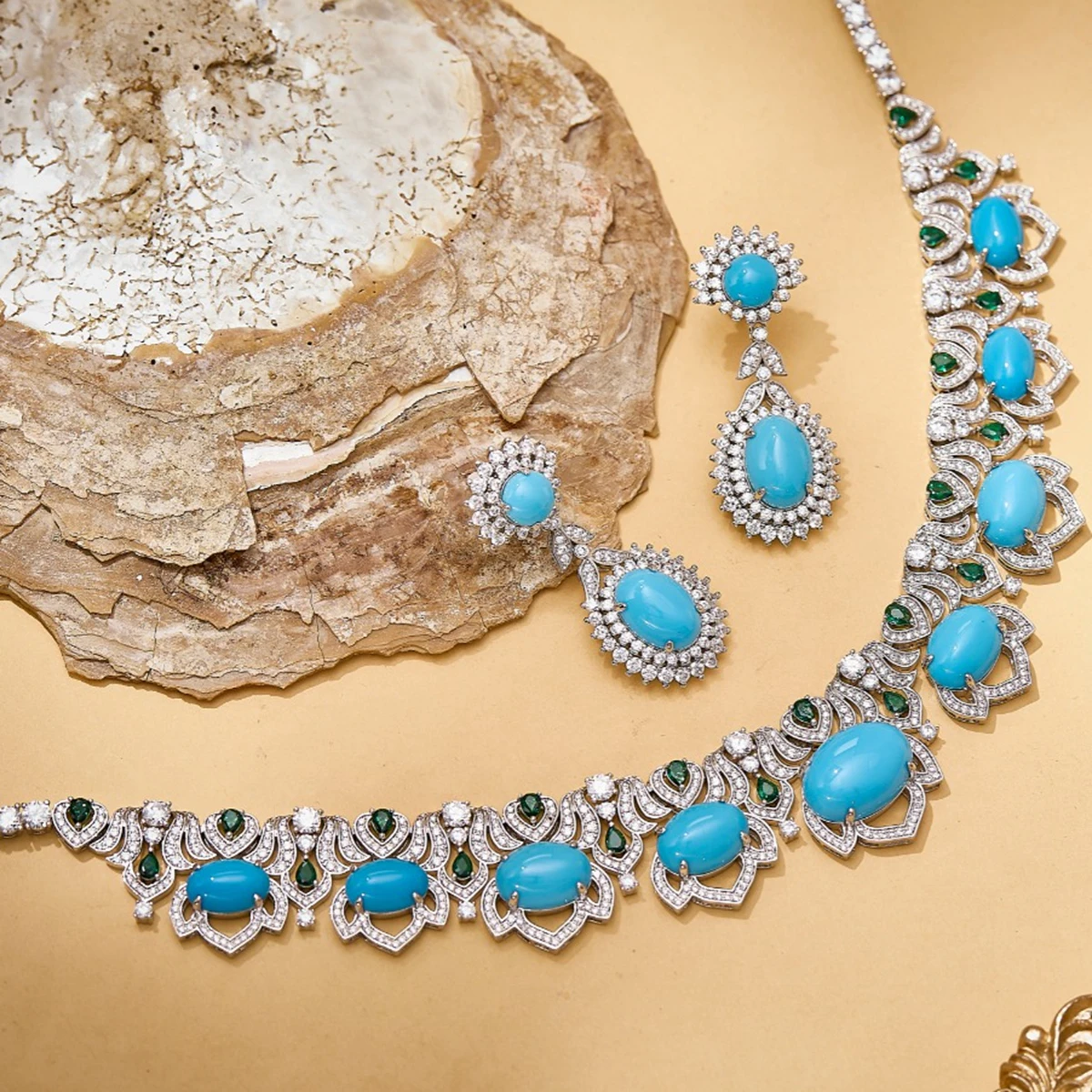 Ayjewelry New Trendy High Craft Blue Turquoise Tennis Necklace Earrings Gold PLated Luxury Designer Jewelry Set For Women Party view 4