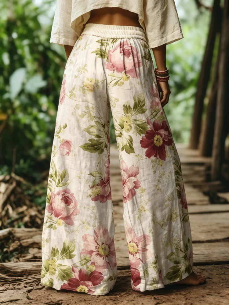 Lady's Bohemian Floral Print Elastic Waist Wide-Leg Pants, Soft and Casual Beach Resort Streetwear, Suitable for Spring and Summer Wear