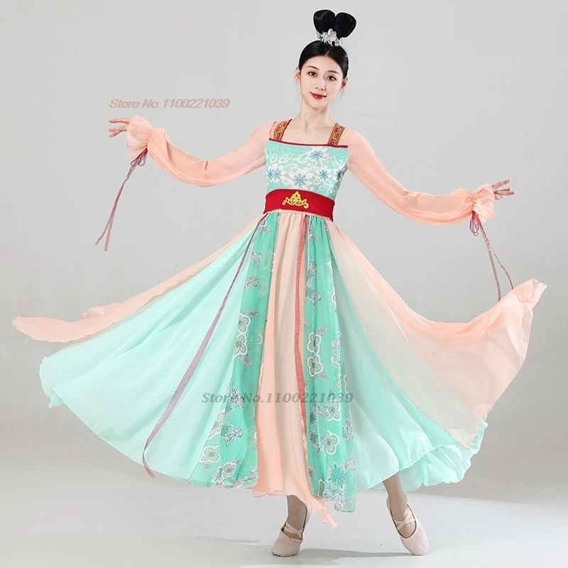 فستان رقص صيني عتيق لعام 2025 ملابس وطنية مطبوعة بالزهور من الشيفون hanfu + تنورة مهرجان فستان شعبي أداء المسرح