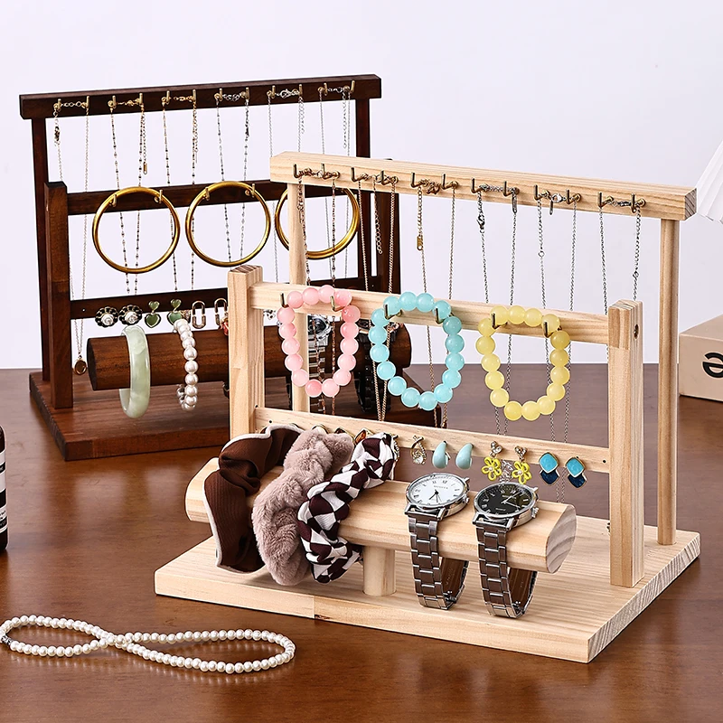 

3-in-1 Solid Wood Jewelry Stand, New Multifunctional Display Rack for Watches Bracelets Necklaces Hair Ties Earrings, Vanity Org