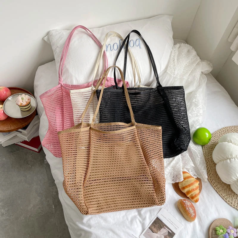 Summer Korean Hollow Crochet Mesh Women's Tote Bags Casual Shopping Foldable Handbag  Large Capacity Cotton Knit Shoulder Bag