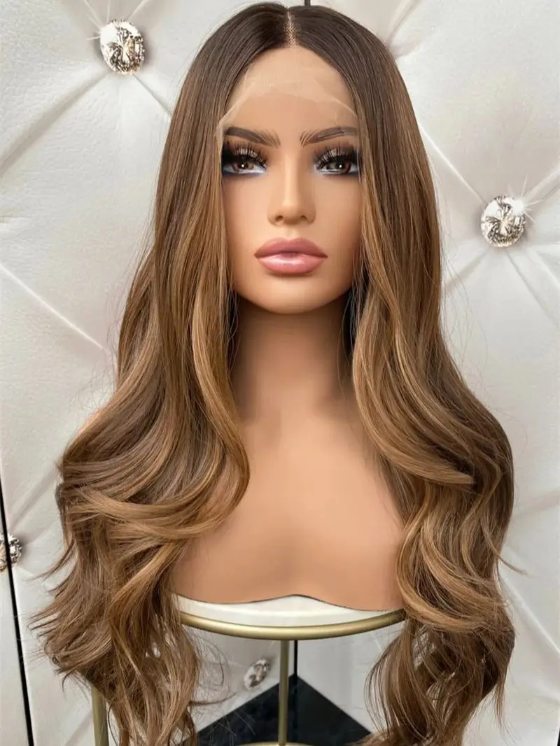 Ombre Caramel Brown Highlights HD Invisible Lace Front Wig Heat Resistant Fiber Wig Natural Preplucked Hairline with Baby Hair