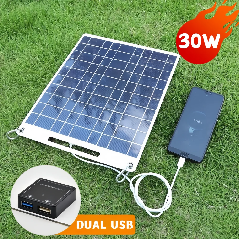 

30W Solar Panel 5V Solar Cells Portable Dual USB Solar Battery Charger Outdoor Camping Charging Mobile Phone Charging Bank