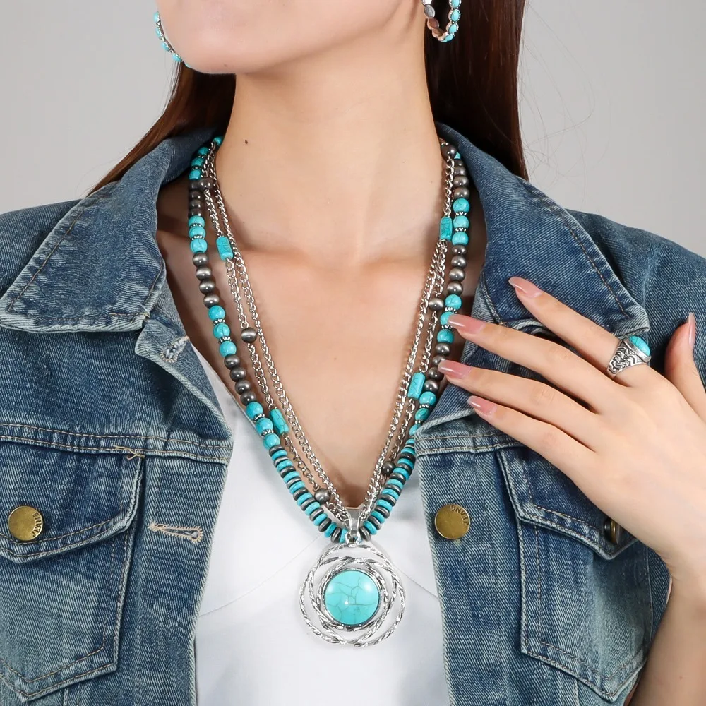 Trendy Bead Multilayer Turquoise Necklace Ethnic Style Cactus Beach Choker Retro Pendant Western Country Necklace Desert Jewelry