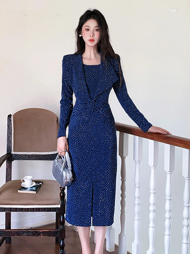 

Женская одежда, тонкое платье-карандаш миди с блестящими бриллиантами в стиле ретро, элегантное роскошное женское модное платье, халат для торжественных случаев, новинка