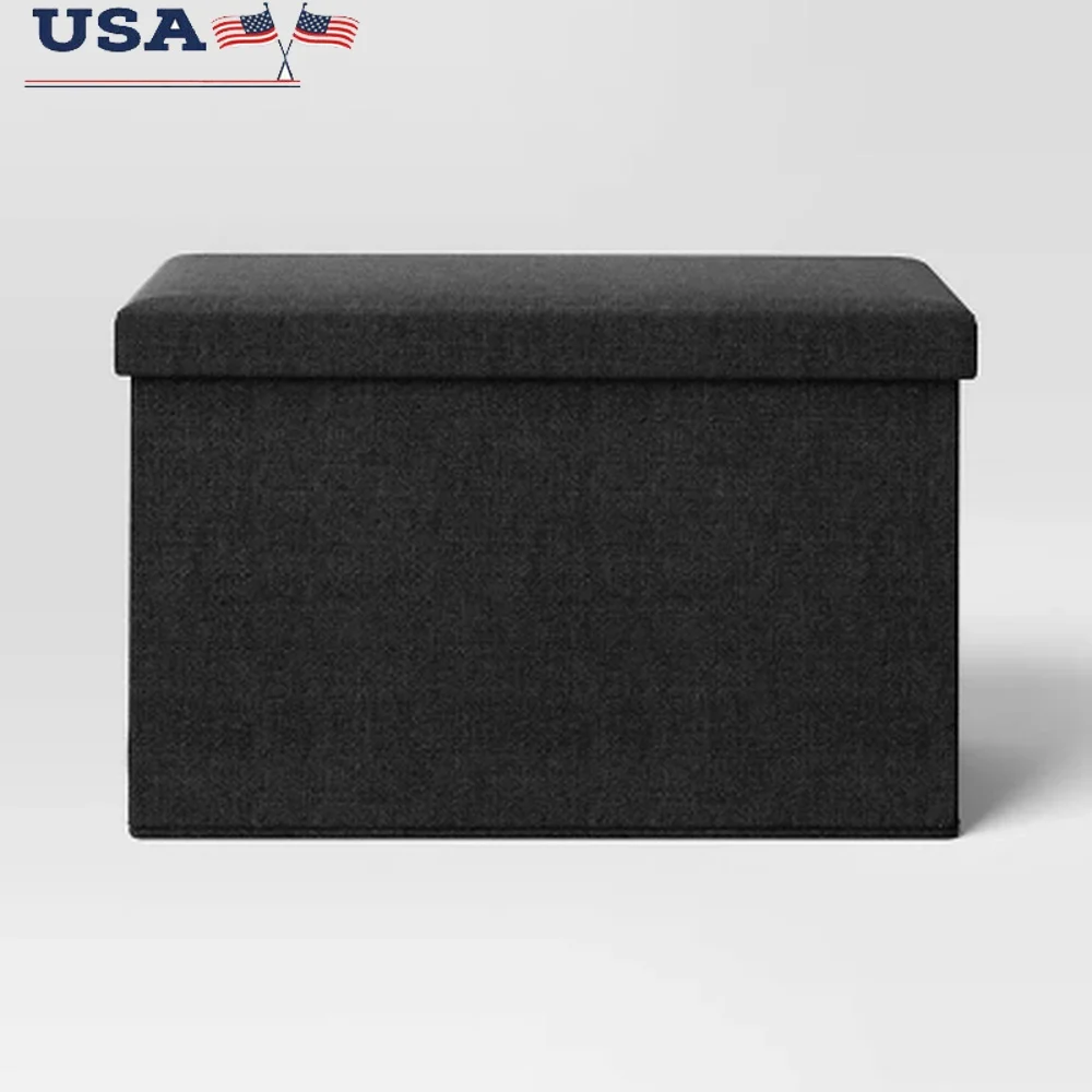 

Collapsible Storage Ottoman Foldable Bench Polyester Upholstered Wooden Frame Rectangular Shape Removable Top Space-Saving