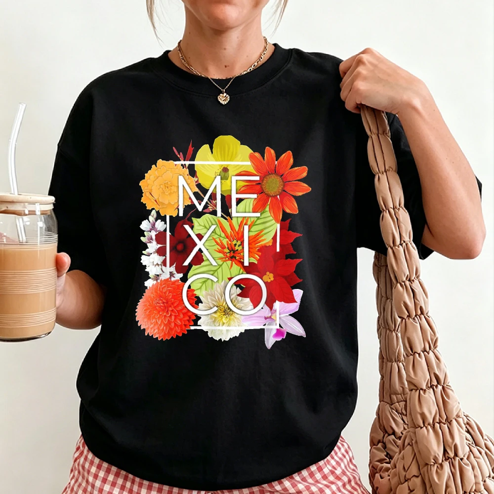 MEXICO Tropical Sunflower Dahlia Orchid Floral Square Frame Letter Print Women Pure Cotton T Shirt Latin Travel Boho Flower Tees
