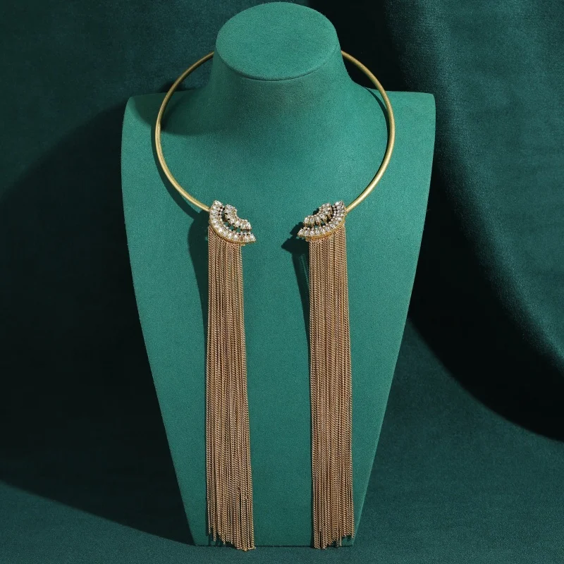 Vintage Rhinestone Open Choker Necklace Exaggerated Long Tassel Gold Color Metal Chinese Style Jewelry Party Banquet Accessories