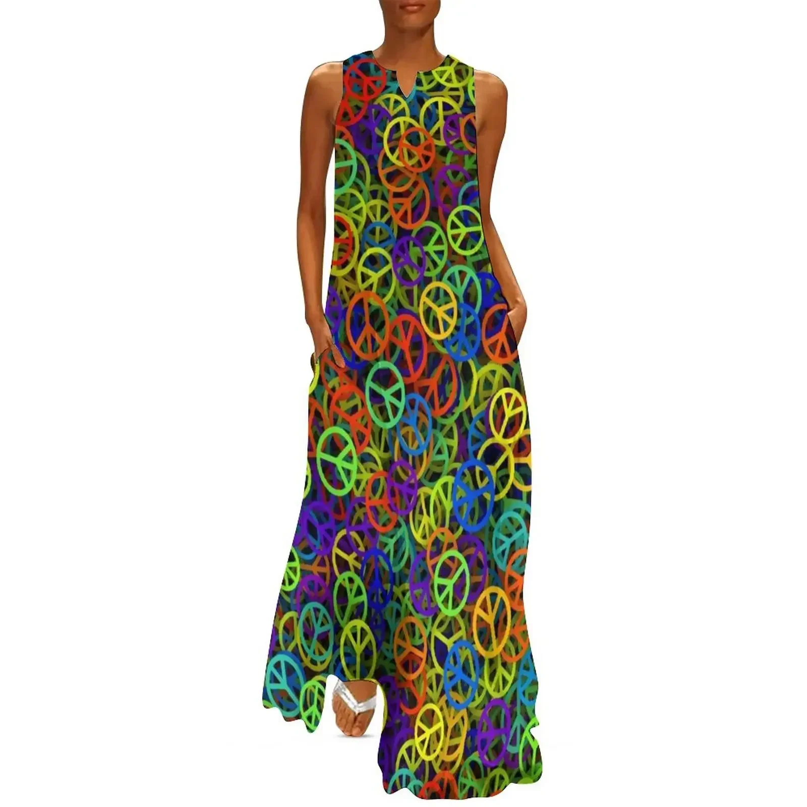 

Rainbow peace texture Long Dress women dress beach dresses party dress women elegant luxury Women's long