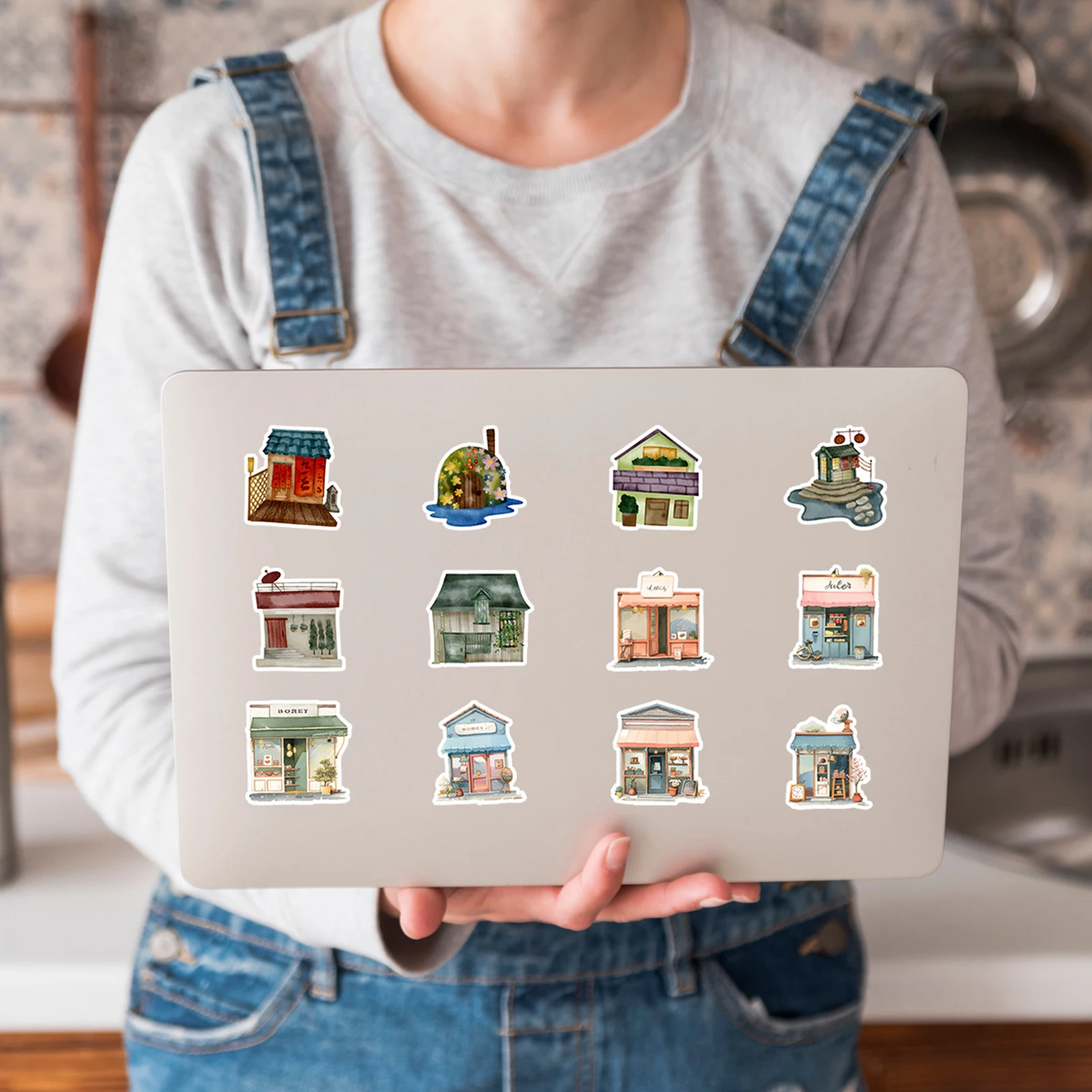 50Pcs Hand Drawn Street Shop Stickers Waterproof Decorative Removable No Residue Decals For Cups Laptops Phones Students