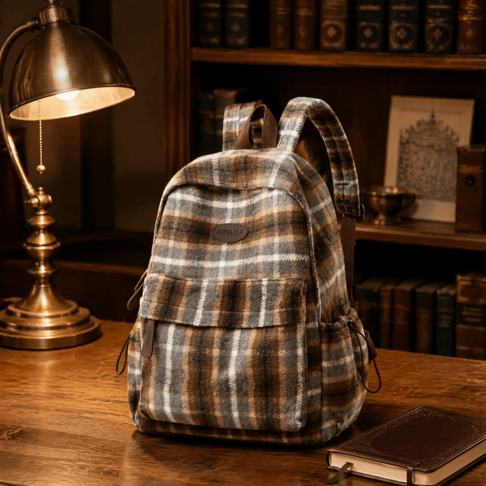 Creative Vintage Plaid Backpack Large Capacity Casual Daily Checkered Backpack Versatile Bookbag College High School Student