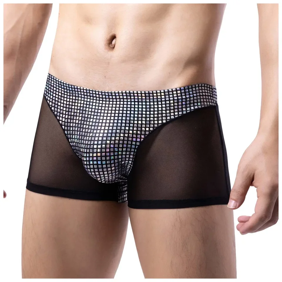 

Men's Underwear Mesh Sequins Sexy Boxers Stage Performance Soft Boxer Shorts Breathable Panties Bulge Pouch Male Underpants