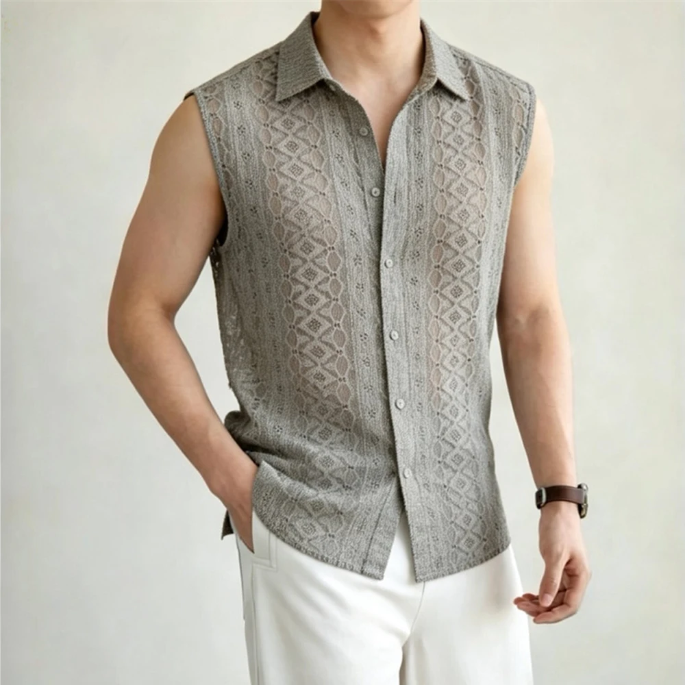 Sexy Men's Lace Sleeveless Shirt Vintage Plaid Mesh See Through Slim Man Shirts Fashion Lapel Button Hollow Out Tops Streetwear