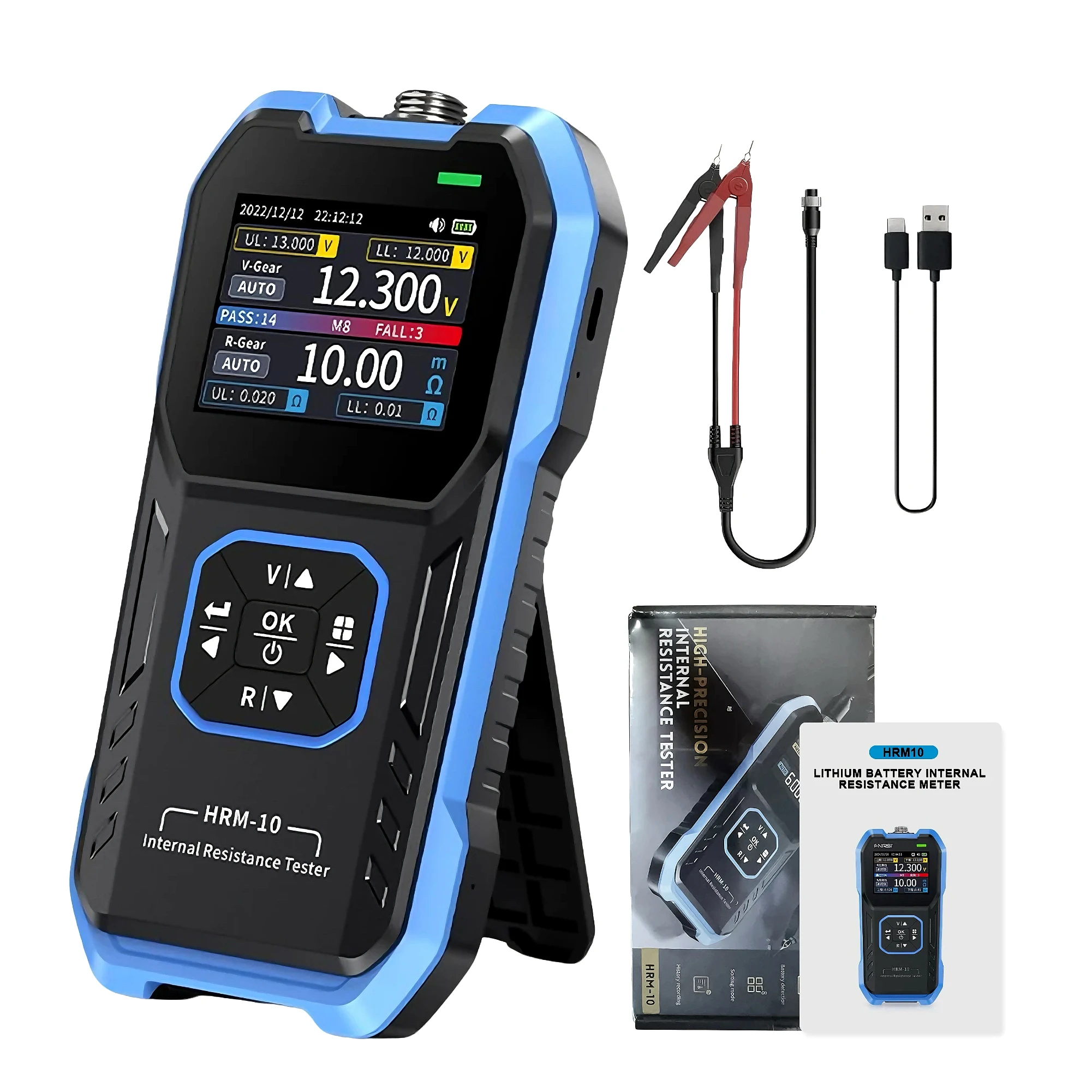 

HRM-10 Battery Internal Resistance Tester, High Precision Voltage & Resistance Measurement, 1-100V, 20mΩ-200Ω, 1KHz AC