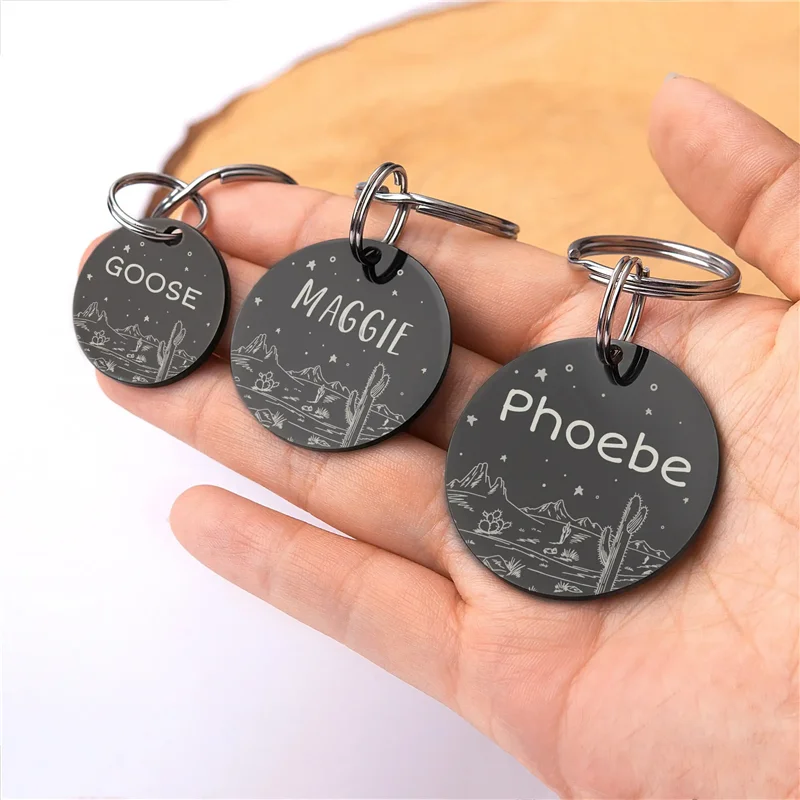 Personalized Cat Dog ID Tag Desert Stars with Cute Cactus Engraved Front and Back for Custom Pets Collar Anti-Lost Metal Charm