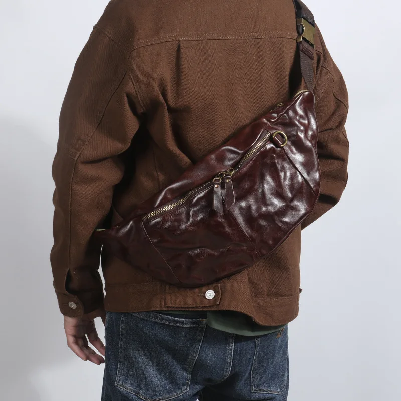 

Cross-border Leather Men's Breast Bag Vegetable Tanned Messenger Bag First Layer Cowhide Outdoor Leisure Retro Folds Old Trend