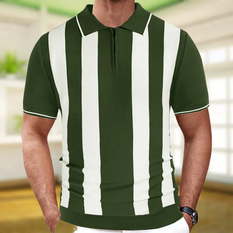 European and American men's clothing Summer new striped stitching sweater Short-sleeved woolen Polo shirt trend
