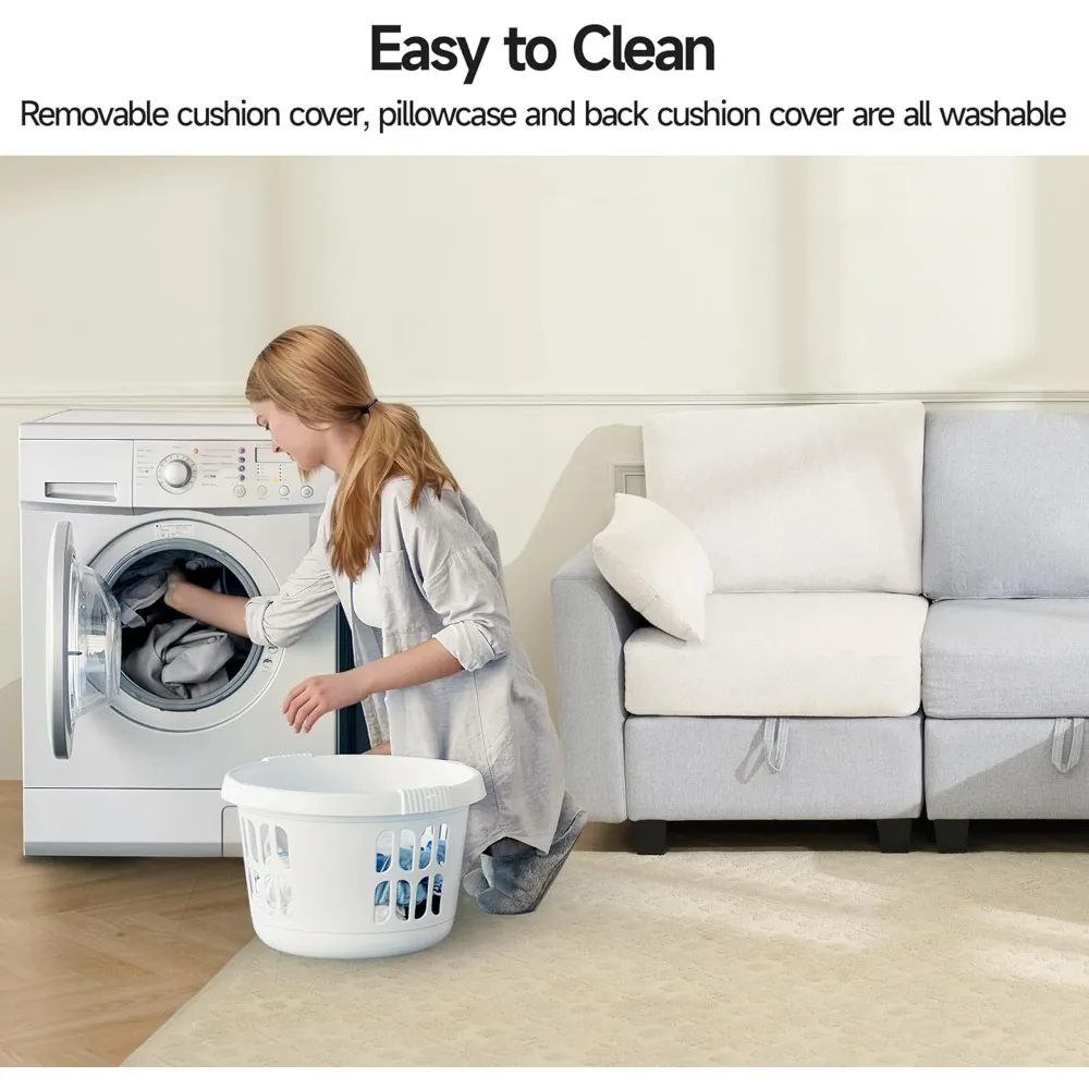 أريكة مقطعية على شكل حرف L قابلة للتحويل بثلاثة مقاعد من قماش الكتان مع مسند متحرك، مثالية للمساحات الصغيرة وغرف المعيشة #4