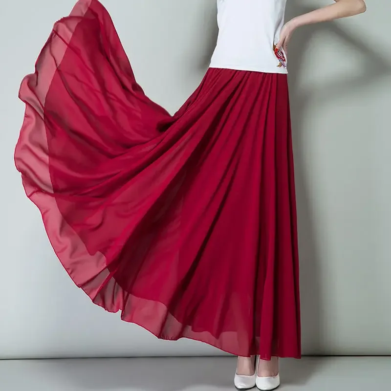 New Summer Chiffon Skirts Plus Size Full-Length Skirt High Waist Elegant Dance Skirt Pink Black Red Navy Blue White Long Skirts