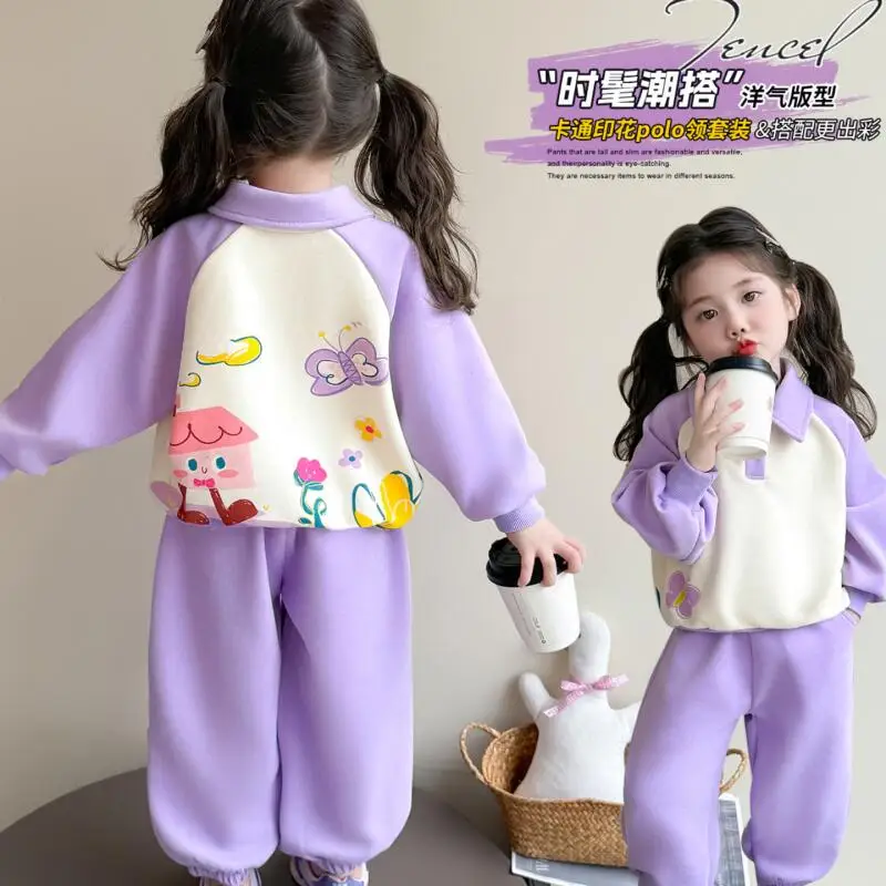 

Kawaii свитшот для девочек, комплект со штанами, студенческий весенне-осенний повседневный пальто с лацканами, топы, спортивные штаны, комплект из 2 предметов, детская одежда