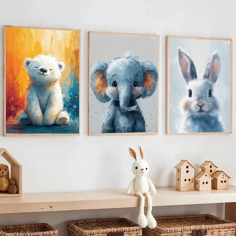 Large-sized 1pc frameless Canvas Painting Funny Cute Cartoon Animals Bear Rabbit Cat Minimalist Nordic Posters Prints Canvas Pai