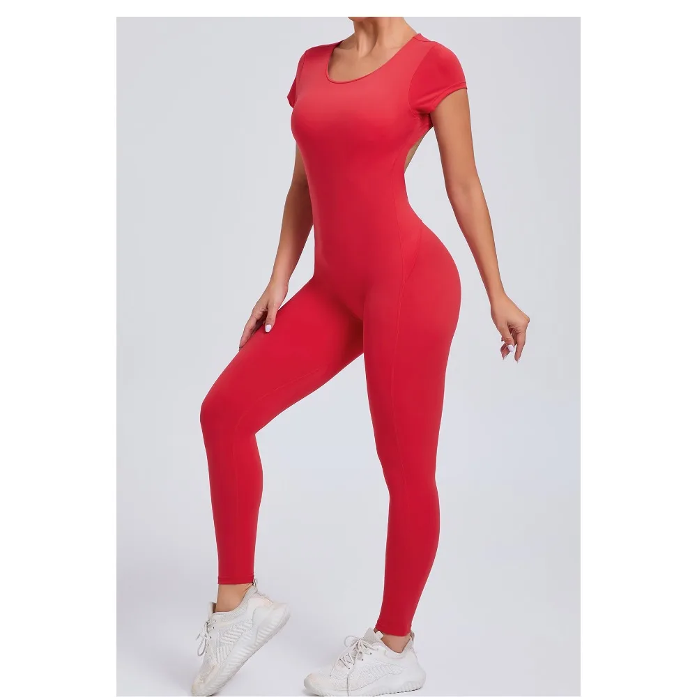 유럽과 미국의 꽉 빠른 건조 요가 점프 슈트 통합 요가 슈트 반팔 등이없는 스포츠 피트니스 슈트