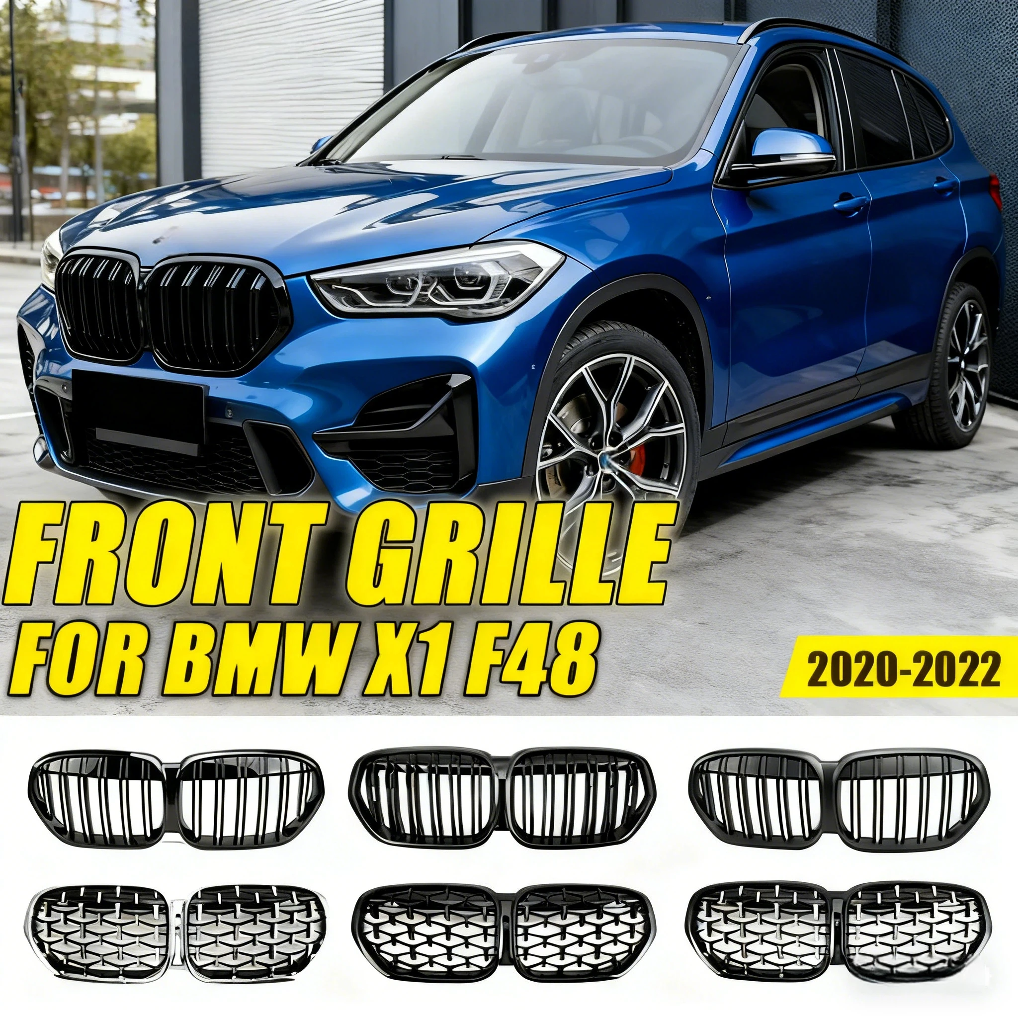 

Передние гоночные грили с двойной линией для BMW X1 F48 LCI 2020-2022, верхние решетки в стиле черных бриллиантов