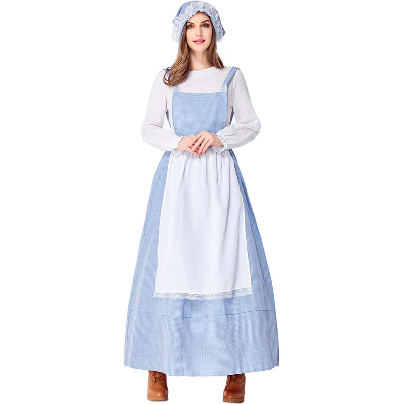 

Maid Dress Pastoral Style Blue Lattice Farm Dress Party Stage Performance Costume