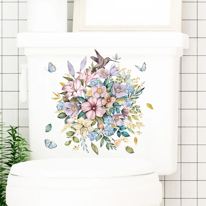 Small Fresh Flowers Toilet Stickers Plants Flowers Bathroom Toilet Stickers Home Decoration Self Adhesive Stickers