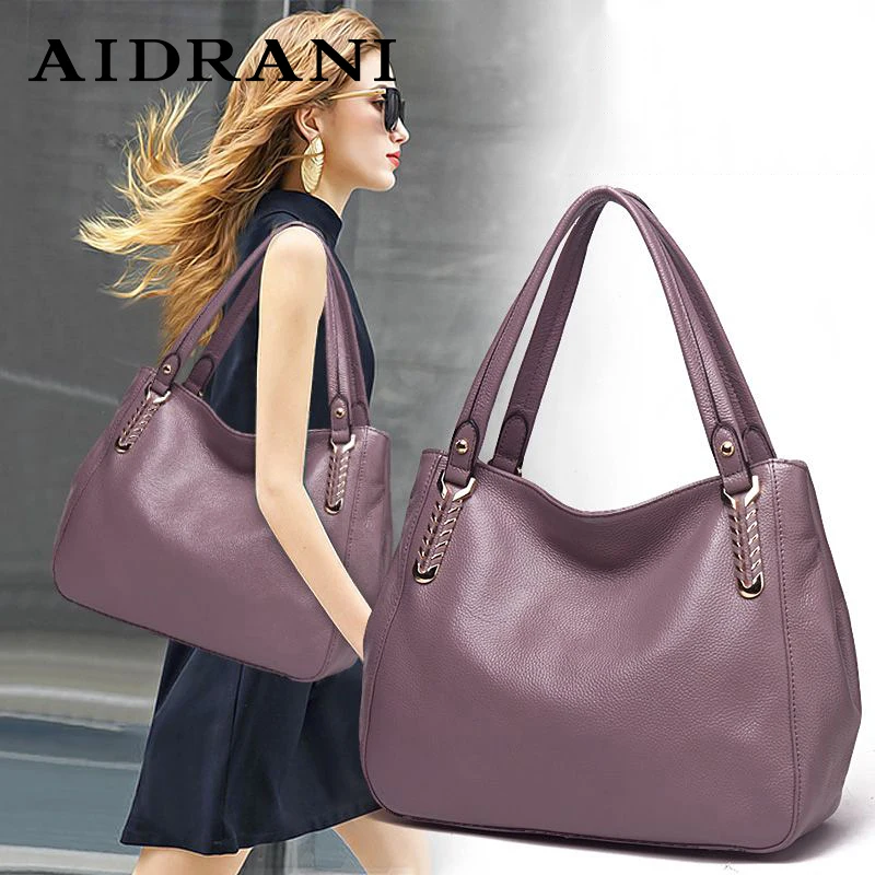 Aidrani New casual women\'s handbag, large capacity taro colored cowhide underarm shoulder bag