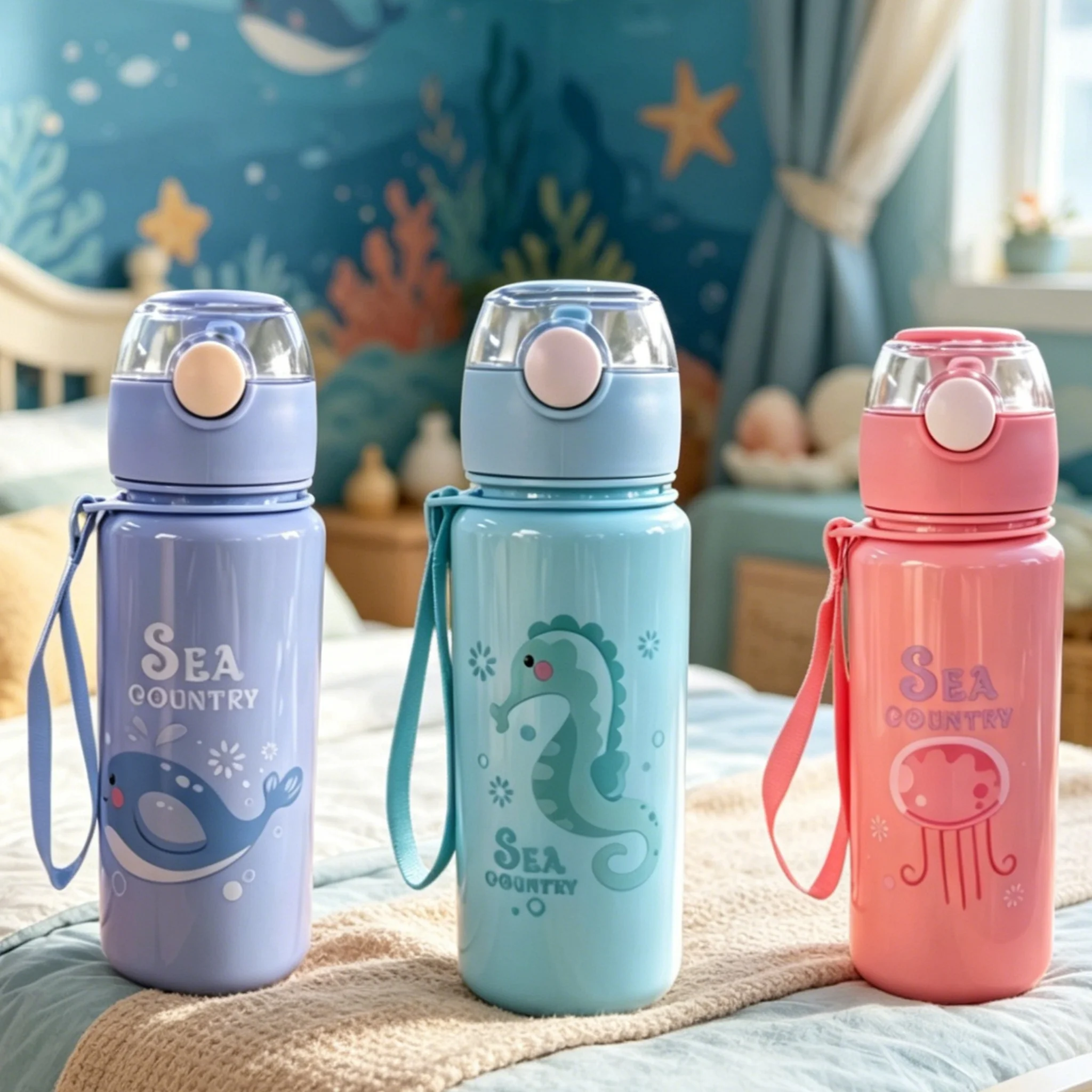 1PC New Cute Marine Animal Print Plastic Water Bottle, Crab Whale Seahorse Jellyfish Pattern, Flip Sealed Portable Straight