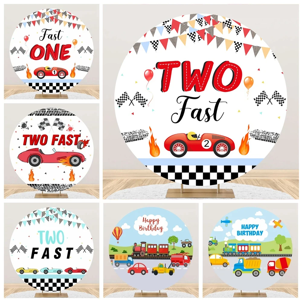 

Racing Car Train Round Backdrop Cover Black White Grid Flag Boys Birthday Party Cake Table Decor Circle Photography Background