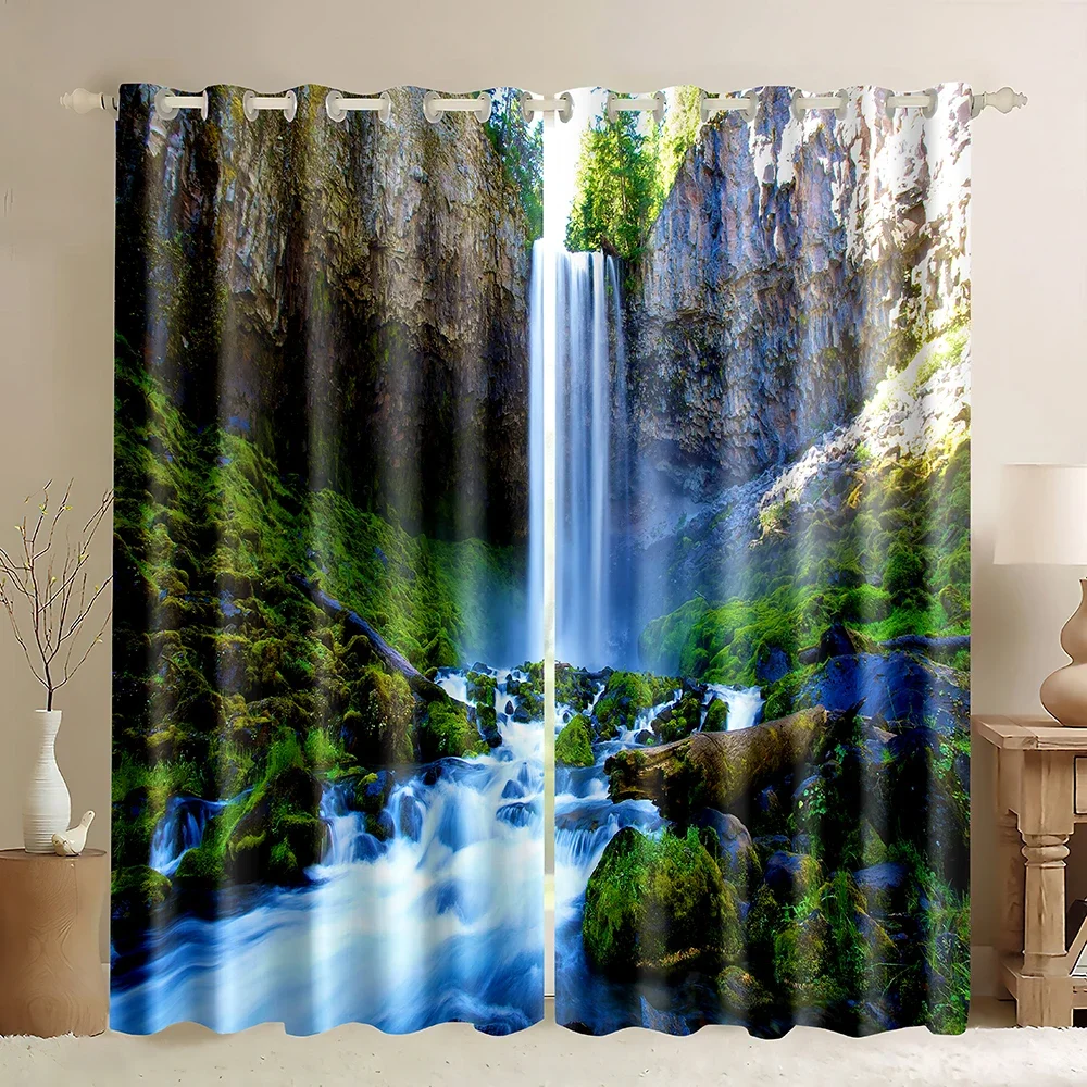 Waterfall Blackout Curtains, 3D Nature Scenery Forest Tree Print Window Curtains Fairyland Rainforest Scenery Window Curtain