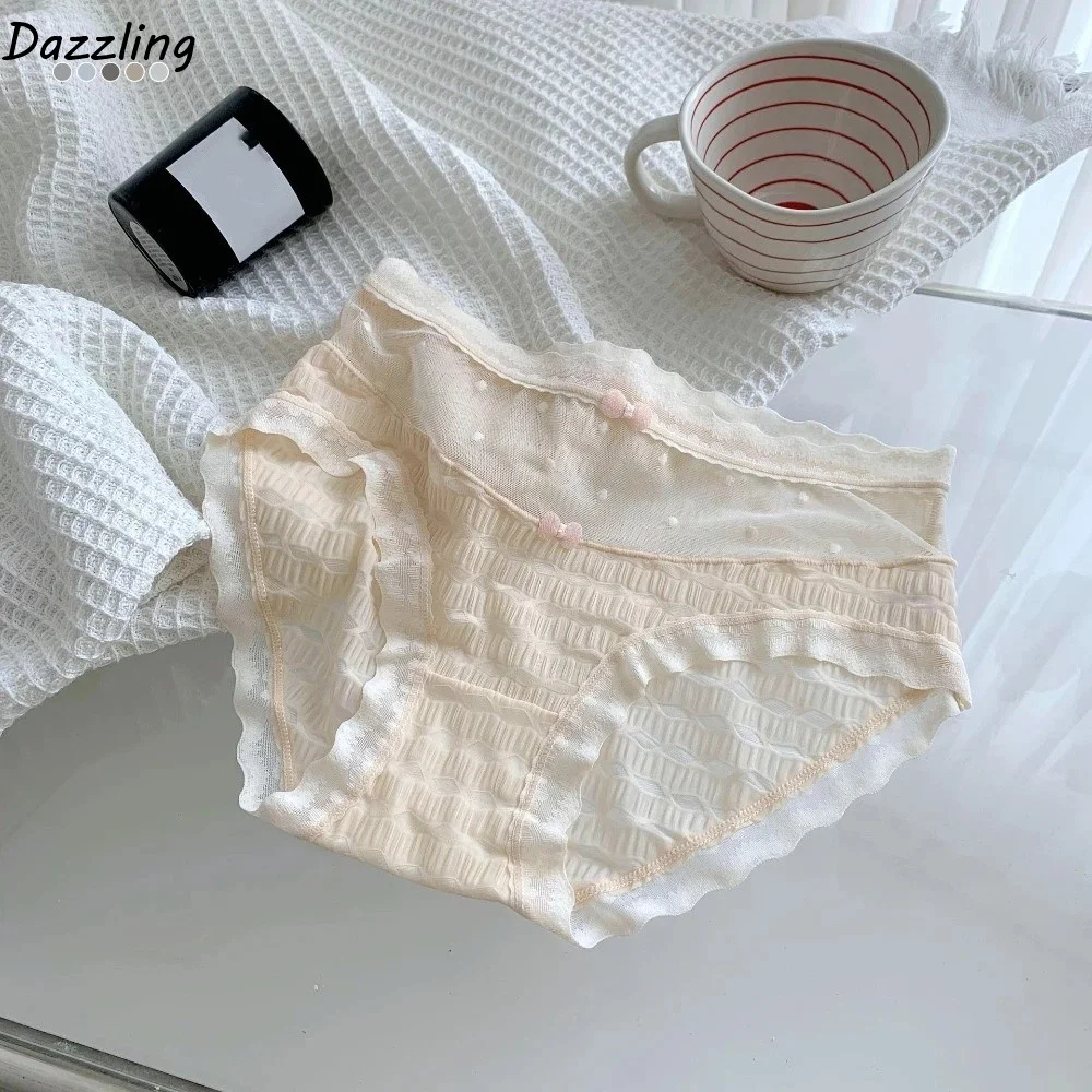 

Comfortable Mid Waist Lace Seamless Panties Transparent Cotton Crotch Underwear for Women Bow Lingerie Lace Thin Underwear Lady