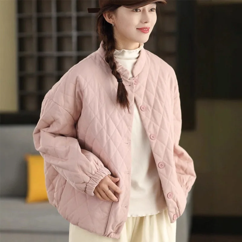 سترات نسائية شتوية كورية منقوشة من Mass Wass سترات مبطنة فضفاضة ودافئة ملابس خارجية كلاسيكية للترفيه معاطف عتيقة