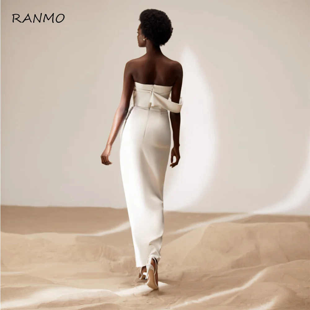 RANMO Simple Ankle Bride Gown 2023 Sheath Strapless Zipper Up Wedding Reception Dress Slit Modern Short  