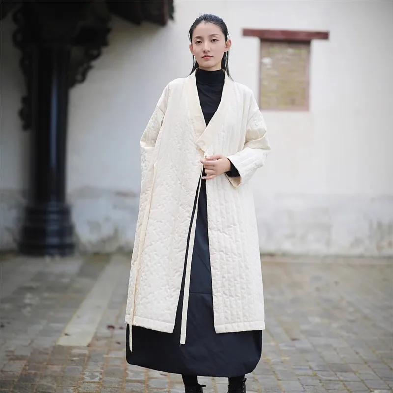 

Women Vintage Bandage Parkas V-Neck Long Sleeve Solid Color 2025 Winter New A-Line Women Warm Parkas Coats