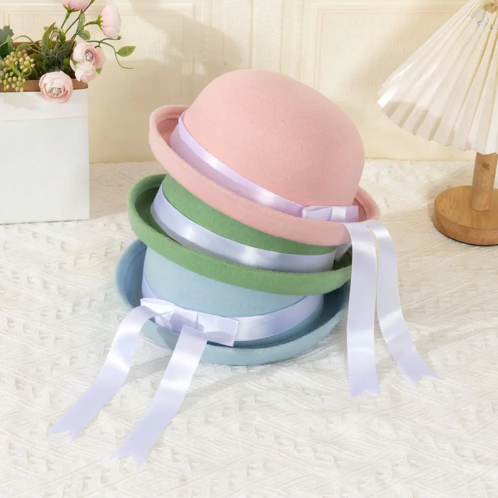 Casual Wool Fedora Hat Sweet Academy Style Cap With Ribbon Decorative Round Top Breathable Fashion Accessory For Girls