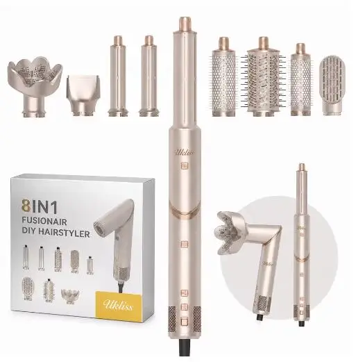 8 in 1 Hair Dryer Brush High Speed Brushless Blow Dryer Negative Ionic Hair Heating Brush Hot Air Styling Comb Auto Hair Curle