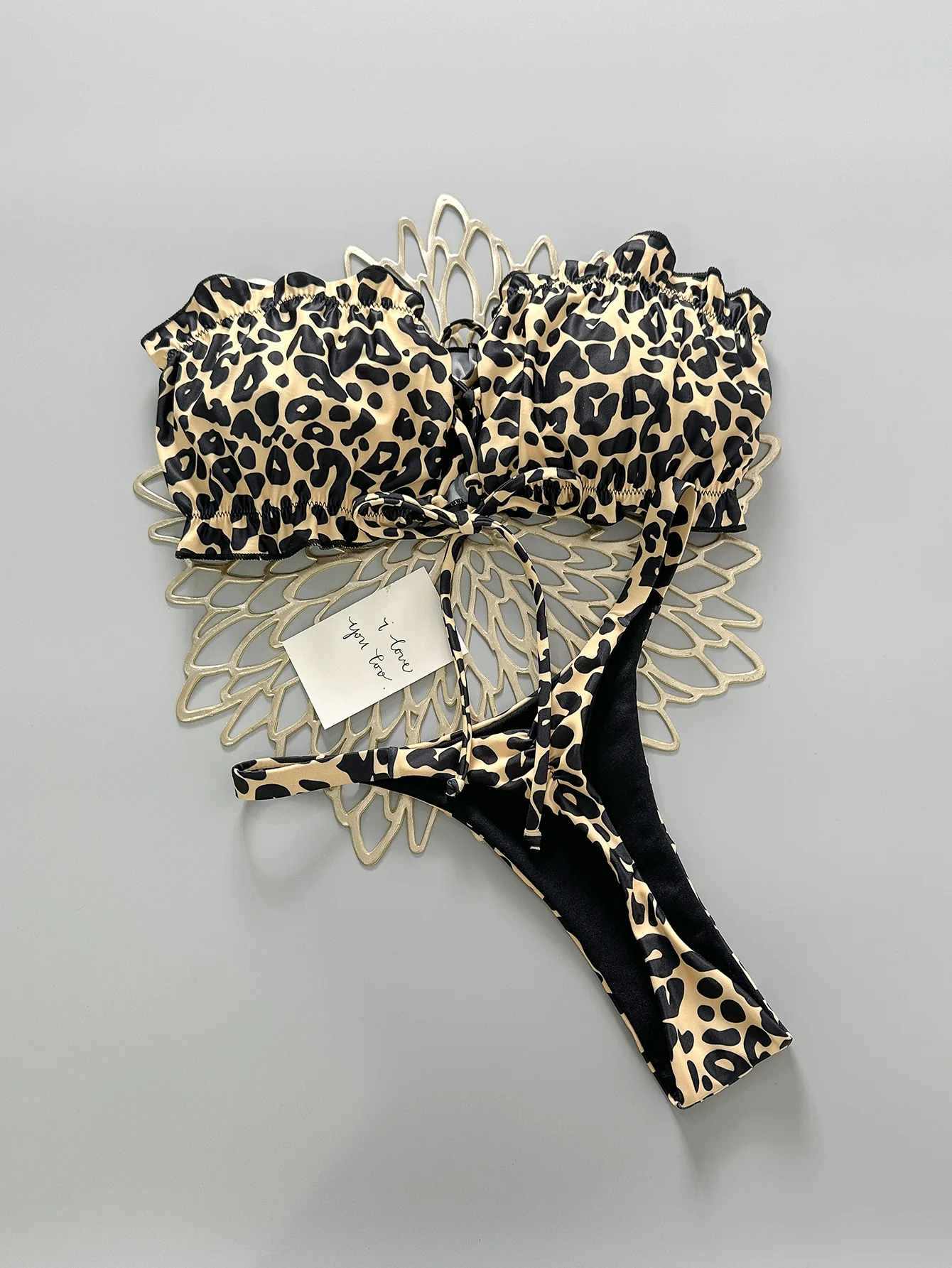 sexy ruffles leopard bandeau bikinis sets two pieces halter back tie thong swimsuits bathing suit swimwear biquini tankini
