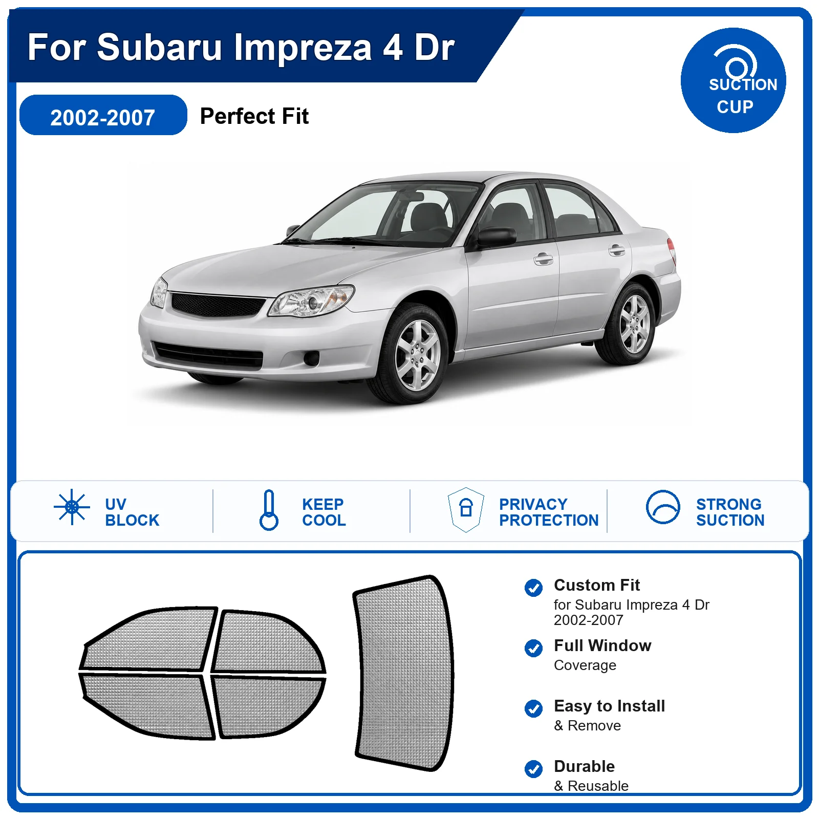 For Subaru Impreza 4 Dr 2002-2007 Custom Full Set Windshield Sun Shade Aluminum Foil Heat Insulation Anti UV Foldable