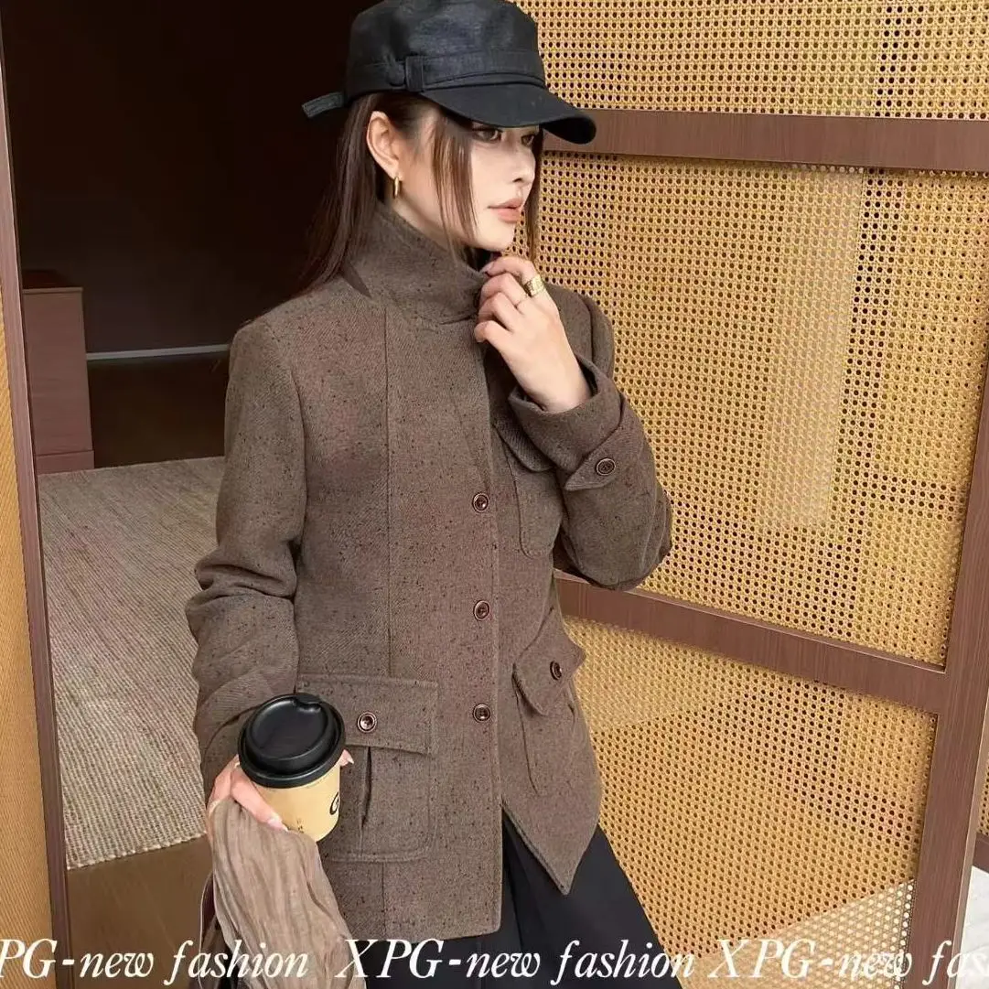 Women Speckled Tweed Stand Collar Single Breasted Multi Flap Pocket Hunting Jacket, Vintage Casual Warm Winter Commuter Outerwea