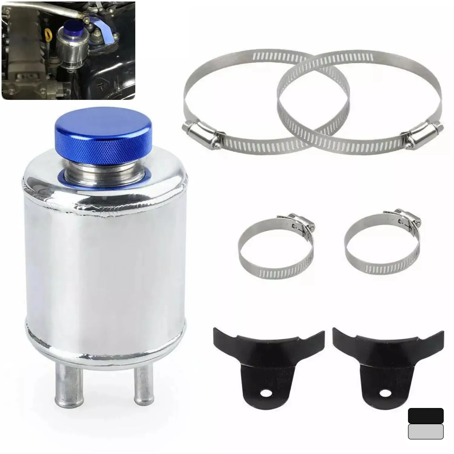 Racing Car Silver Fuel Cell Surge Can Power Steering Oil Catch Can Tank Racing Power Steering Fluid Reservoir Tank Clamps