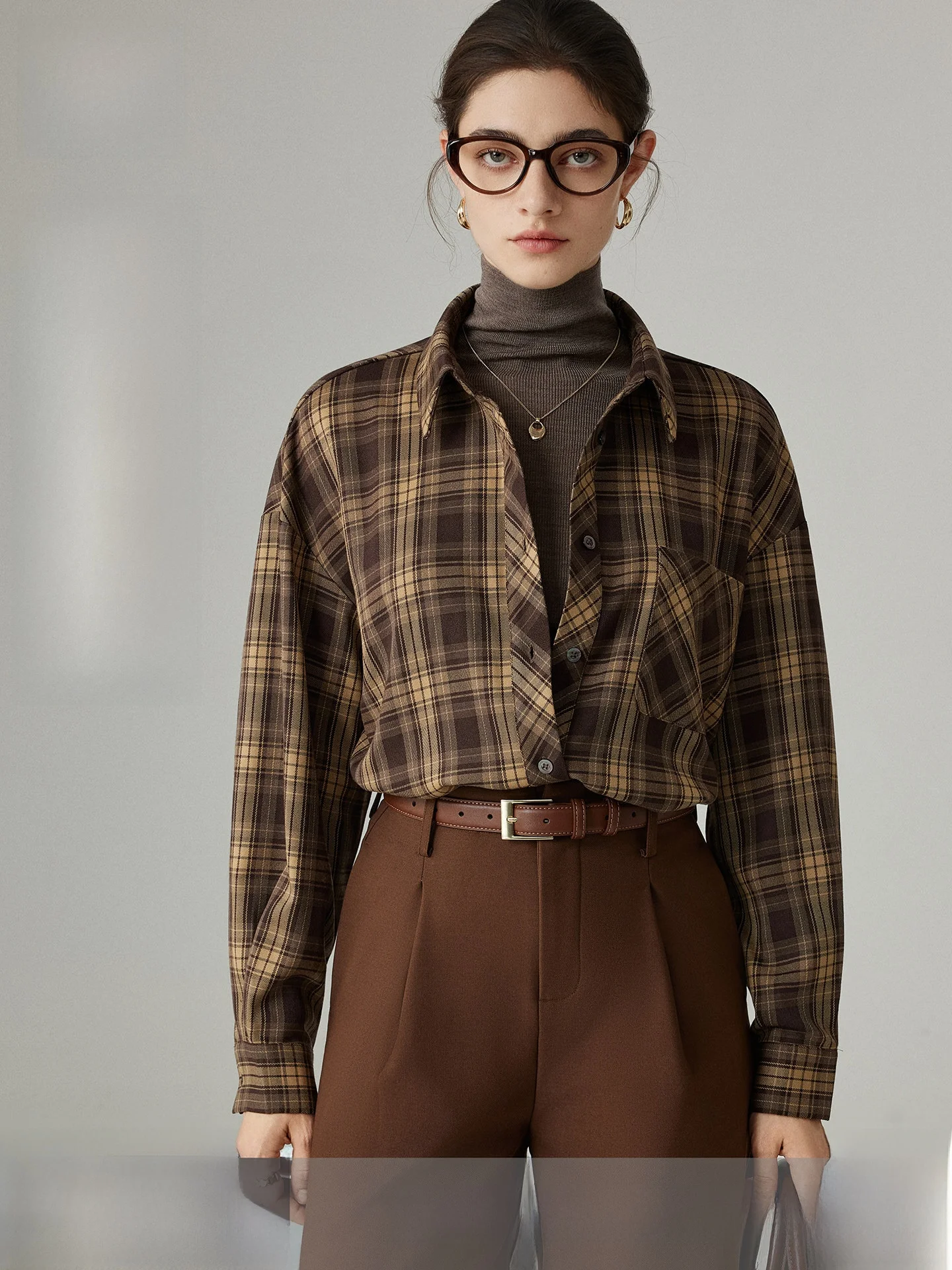 

Classic Plaid irt Women's Loose Casual Sle Autumn Winter Layering Hong Kong Flavor Ele Faionable Breathable Comfort...