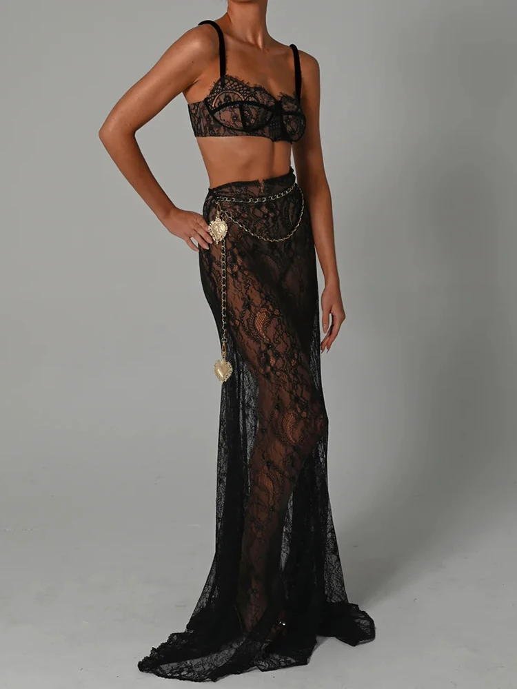 Mozision See Through Lace Two Piece Skirt Sets Women Crop Top And Maxi Skirt Sets Elegant Party Beach Sexy Two Piece Set