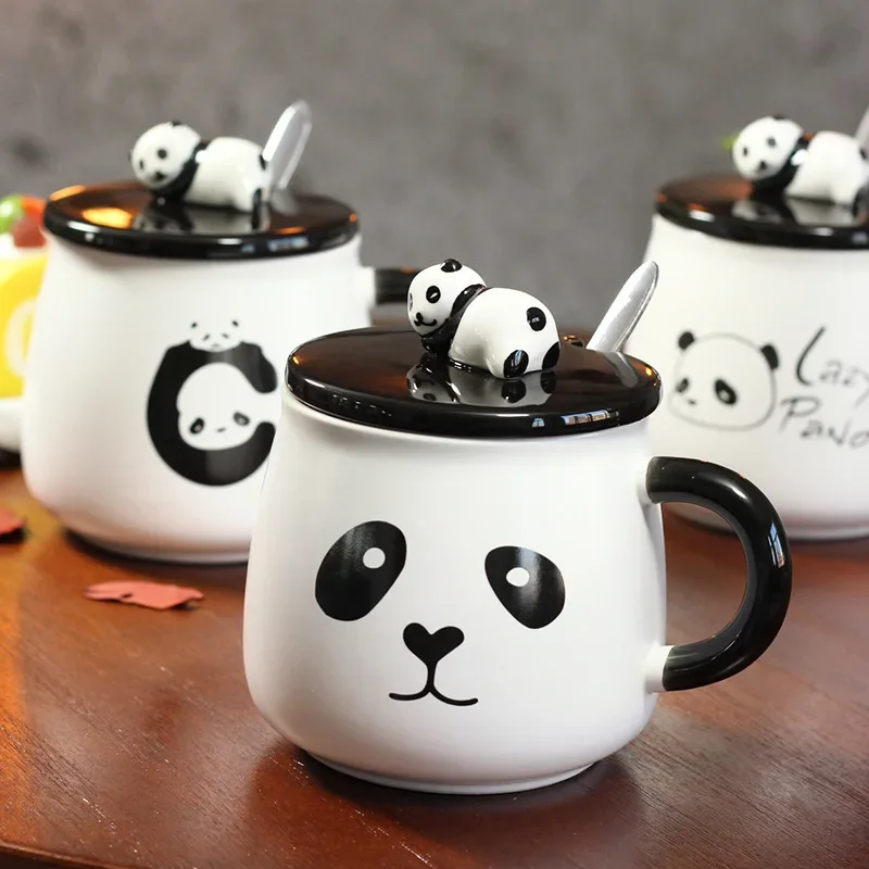 Cartoon Panda Mug Three-dimensional Ceramic Coffee Cup with Lid Spoon Office Home Couple Cup Breakfast Milk Drink