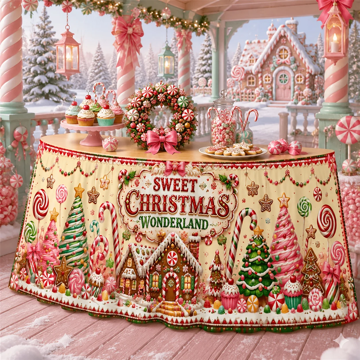 One tablecloth or table skirt, sweet Christmas wonderland gingerbread house, lollipop candies, walking stick, cakezyc