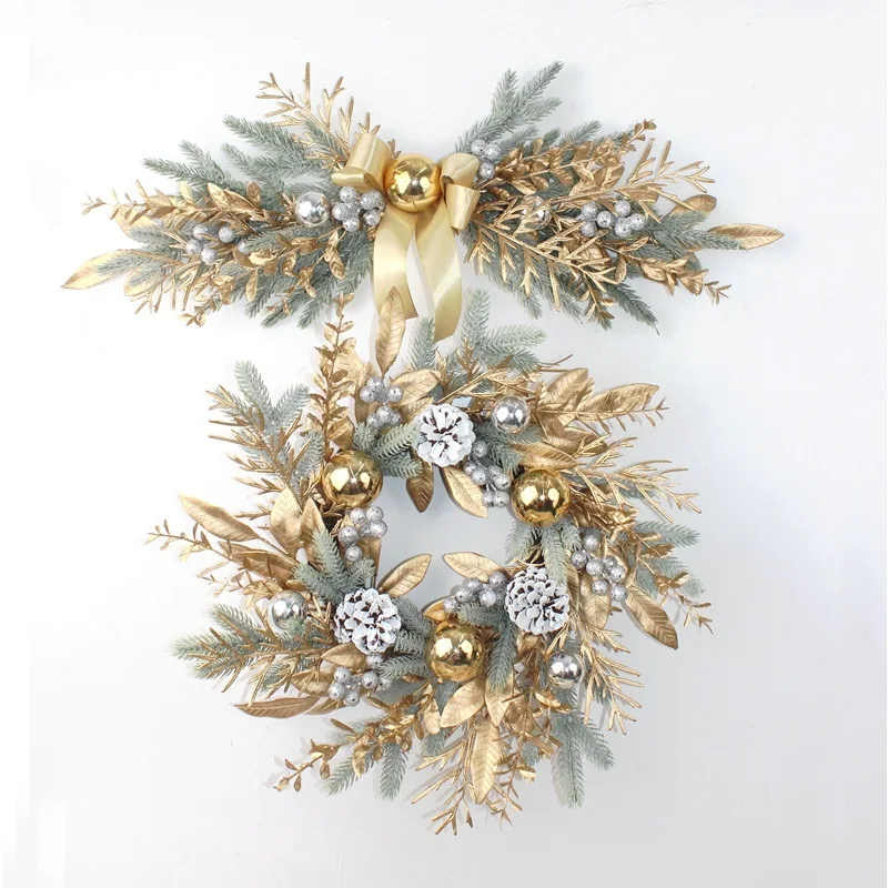 Golden Christmas Wreath Rattan Door Half Tree Christmas Decorations Pine Cones Decorative Wall Hanging Door Decoration